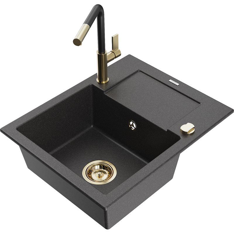 Mexen Enzo 1-bowl granite sink with drainer and Flora kitchen tap, speckled black - 6506-76-670401-57-G