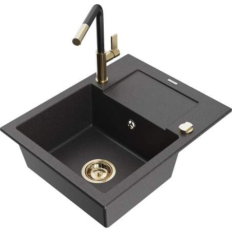 Mexen Enzo 1-bowl granite sink with drainer and Flora kitchen tap, speckled black - 6506-76-670401-57-G