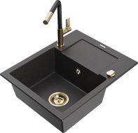Mexen Enzo granite kitchen sink 1-bowl with drainer and Flora kitchen faucet, black speckled - 6506-76-670401-57-G