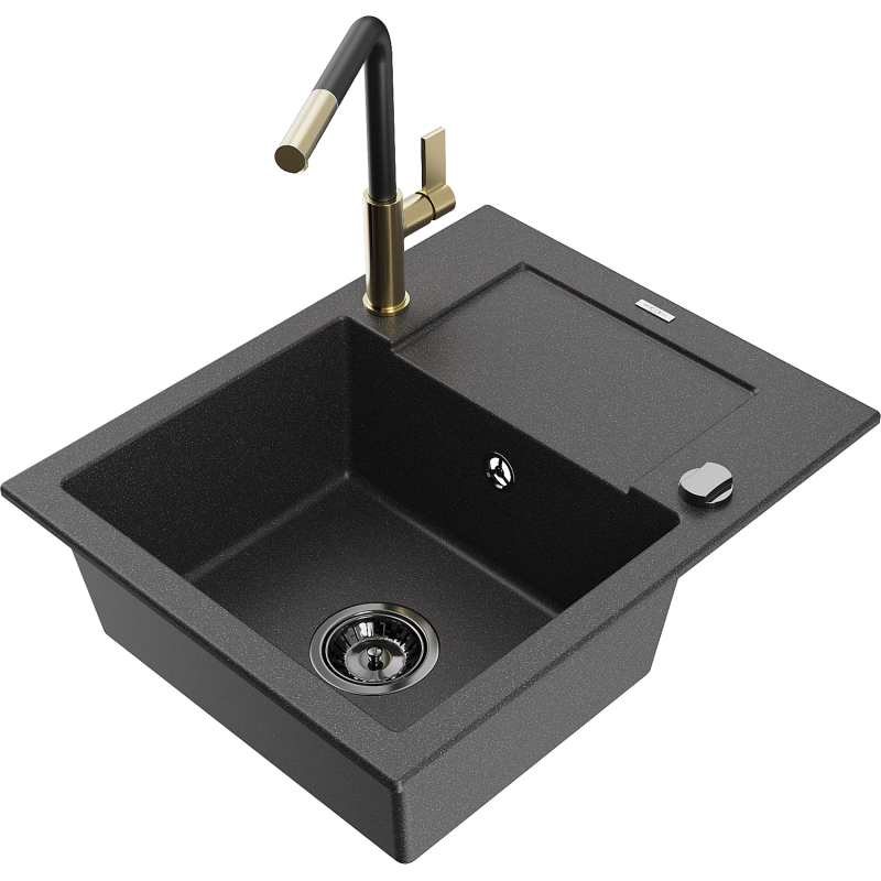 Mexen Enzo 1-compartment granite sink with a drip tray and kitchen mixer tap Flora, spotted black - 6506-76-670401-57-B