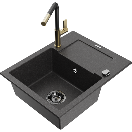 Mexen Enzo granite sink 1-bowl with drainer and Flora kitchen tap, black speckled - 6506-76-670401-57-B