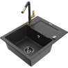 Mexen Enzo 1-bowl granite sink with drainer and Flora kitchen faucet, speckled black - 6506-76-670401-57-B