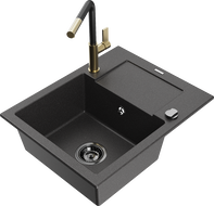Mexen Enzo 1-bowl granite kitchen sink with drainer and Flora kitchen faucet, black sprinkled - 6506-76-670401-57-B