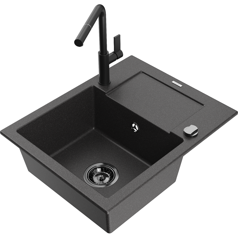 Mexen Enzo 1-compartment granite sink with a drip tray and kitchen mixer tap Flora, spotted black - 6506-76-670401-70-B