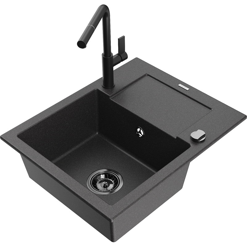 Mexen Enzo granite sink 1-bowl with drainer and Flora kitchen faucet, speckled black - 6506-76-670401-70-B