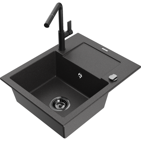 Mexen Enzo granite sink 1-bowl with drainer and Flora kitchen faucet, speckled black - 6506-76-670401-70-B