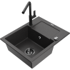 Mexen Enzo granite sink 1-bowl with drainer and Flora kitchen faucet, black speckled - 6506-76-670401-70-B