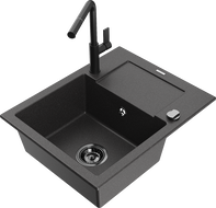 Mexen Enzo granite sink 1-bowl with drainer and Flora kitchen faucet, speckled black - 6506-76-670401-70-B