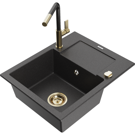 Mexen Enzo 1-compartment granite sink with drainer and Flora kitchen faucet, speckled black - 6506-76-670401-75-G