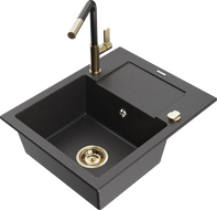 Mexen Enzo granite sink 1-bowl with drainer and Flora kitchen faucet, black speckled - 6506-76-670401-75-G