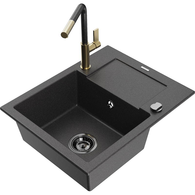Mexen Enzo 1-compartment granite sink with a drip tray and kitchen mixer tap Flora, spotted black - 6506-76-670401-75-B