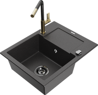 Mexen Enzo 1-bowl granite sink with drainer and Flora kitchen faucet, black speckled - 6506-76-670401-75-B