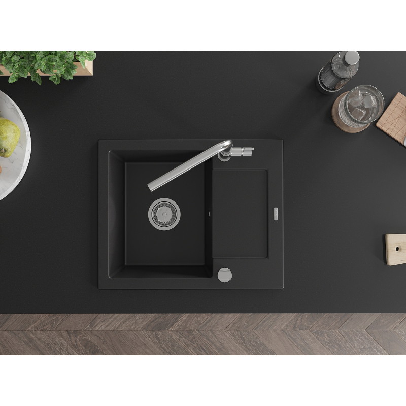 Mexen Enzo granite single-bowl sink with drainer and kitchen faucet Flora, black - 6506-77-670401-00