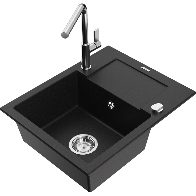 Mexen Enzo granite sink 1-bowl with drainer and Flora kitchen tap, black - 6506-77-670401-00