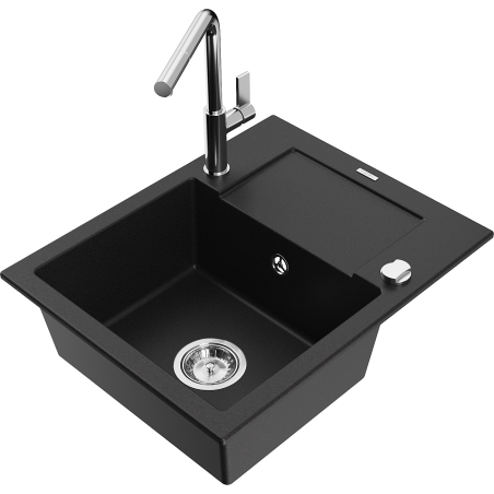 Mexen Enzo granite single-bowl sink with drainer and kitchen faucet Flora, black - 6506-77-670401-00