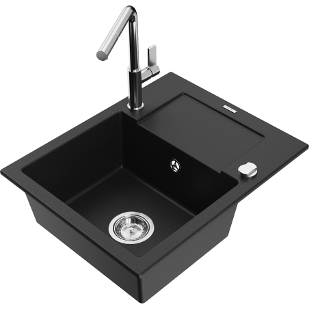 Mexen Enzo granite sink 1-bowl with drainer and Flora kitchen tap, black - 6506-77-670401-00