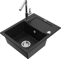 Mexen Enzo 1-compartment granite sink with a drip tray and kitchen mixer tap Flora, Black - 6506-77-670401-00