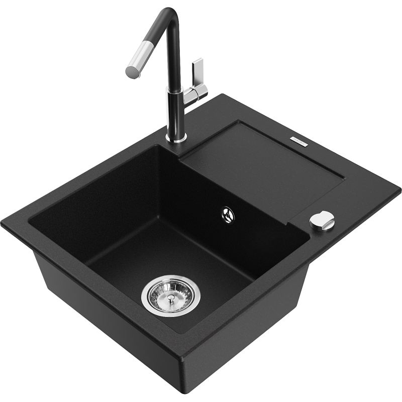 Mexen Enzo 1-compartment granite sink with a drip tray and kitchen mixer tap Flora, Black - 6506-77-670401-07