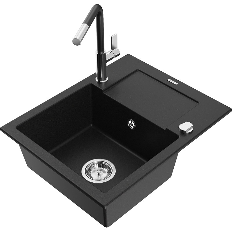 Mexen Enzo granite single-bowl sink with drainer and Flora kitchen faucet, black - 6506-77-670401-07