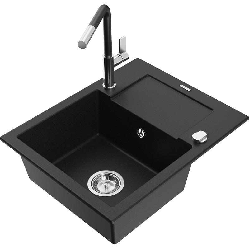 Mexen Enzo granite sink 1-bowl with drainer and Flora kitchen tap, black - 6506-77-670401-07