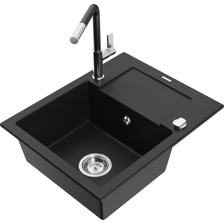 Mexen Enzo granite 1-bowl sink with drainer and Flora kitchen faucet, black - 6506-77-670401-07