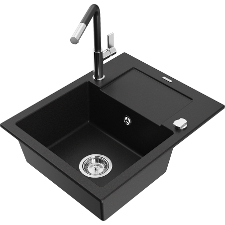 Mexen Enzo granite sink 1-bowl with drainer and Flora kitchen tap, black - 6506-77-670401-07