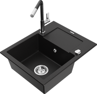 Mexen Enzo 1-compartment granite sink with a drip tray and kitchen mixer tap Flora, Black - 6506-77-670401-07