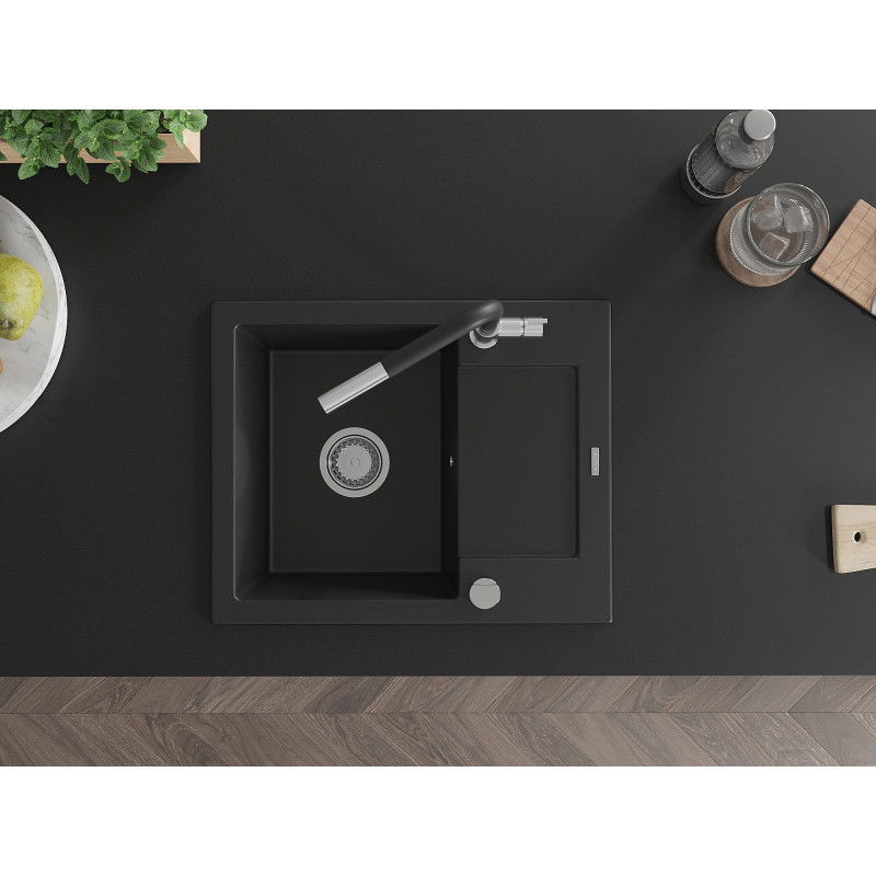 Mexen Enzo granite sink 1-bowl with drainer and Flora kitchen tap, black - 6506-77-670401-07
