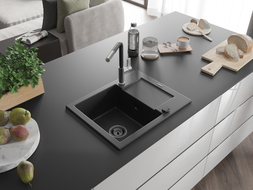 Mexen Enzo 1-bowl granite sink with drainer and Flora kitchen faucet, black - 6506-77-670401-07-B