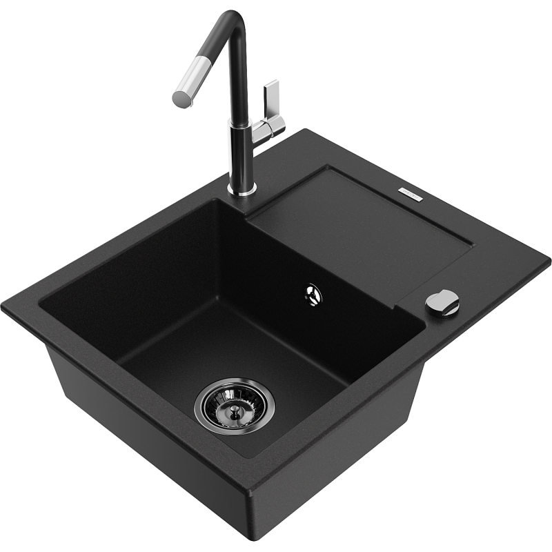 Mexen Enzo 1-bowl granite sink with drainer and Flora kitchen tap, black - 6506-77-670401-07-B