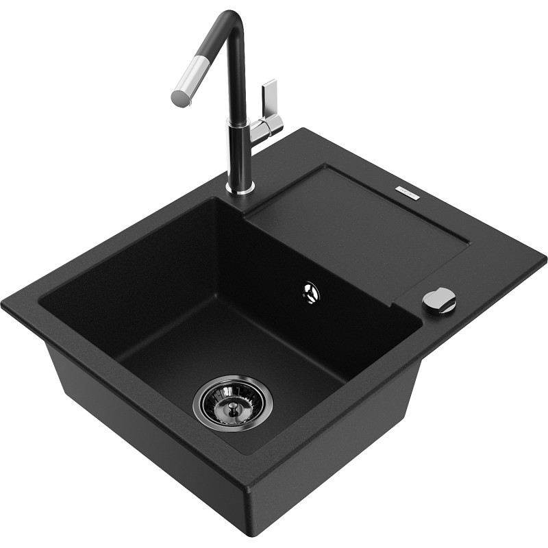 Mexen Enzo granite single-bowl sink with drainer and Flora kitchen faucet, black - 6506-77-670401-07-B