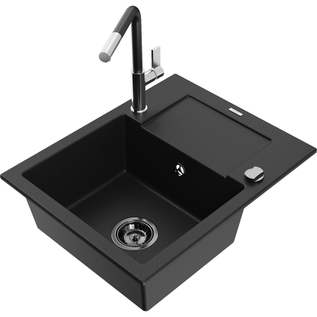 Mexen Enzo 1-bowl granite sink with drainer and Flora kitchen faucet, black - 6506-77-670401-07-B