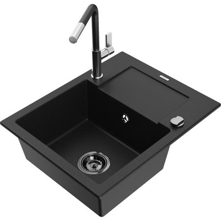 Mexen Enzo 1-bowl granite sink with drainer and Flora kitchen tap, black - 6506-77-670401-07-B