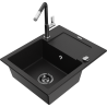 Mexen Enzo 1-bowl granite sink with drainer and Flora kitchen faucet, black - 6506-77-670401-07-B