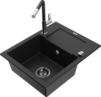 Mexen Enzo 1-bowl granite sink with drainer and Flora kitchen faucet, black - 6506-77-670401-07-B