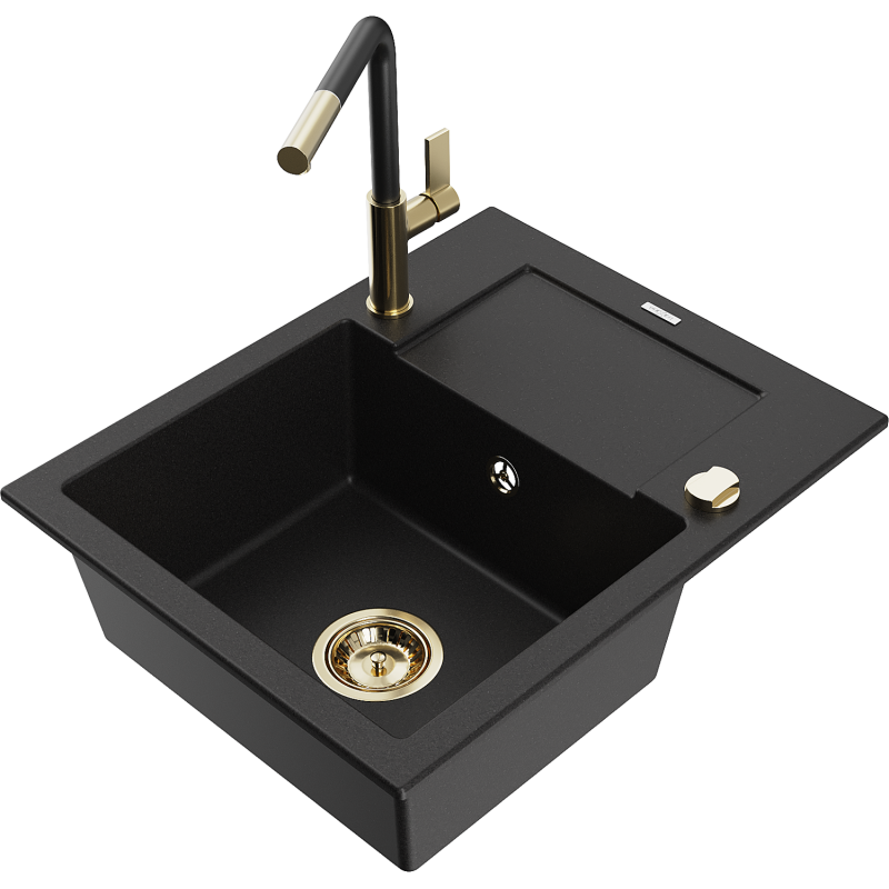 Mexen Enzo 1-compartment granite sink with a drip tray and kitchen mixer tap Flora, Black - 6506-77-670401-57-G