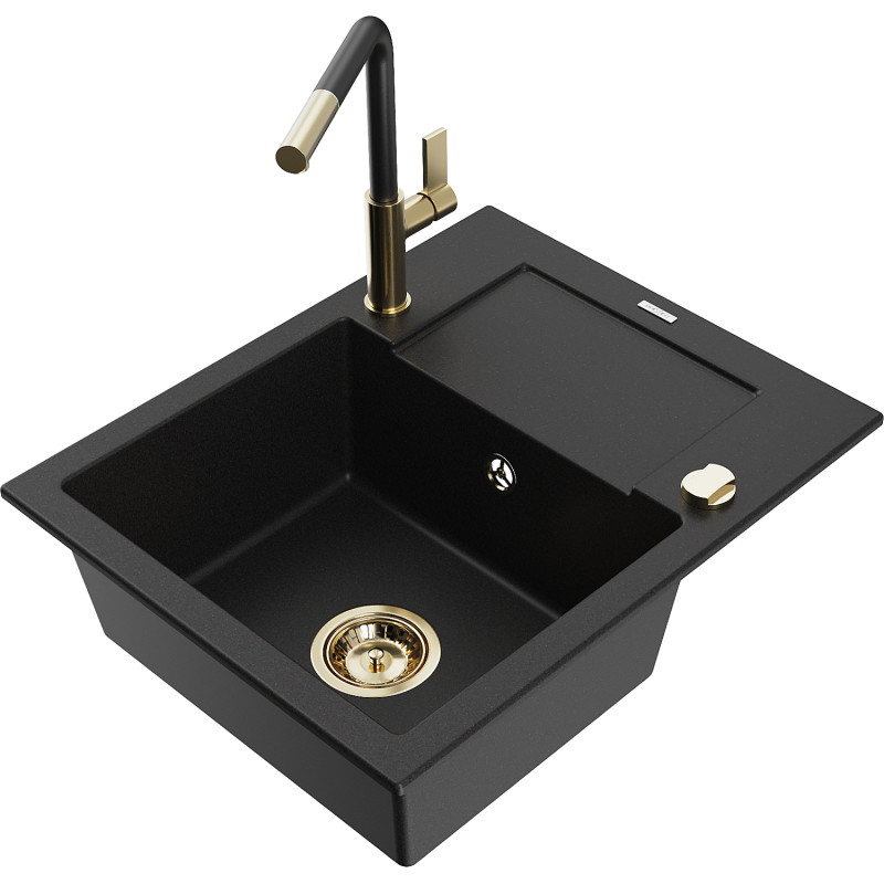Mexen Enzo granite one-bowl sink with drainer and Flora kitchen faucet, black - 6506-77-670401-57-G