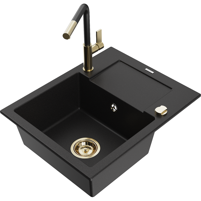 Mexen Enzo granite sink 1-bowl with drainer and Flora kitchen tap, black - 6506-77-670401-57-G