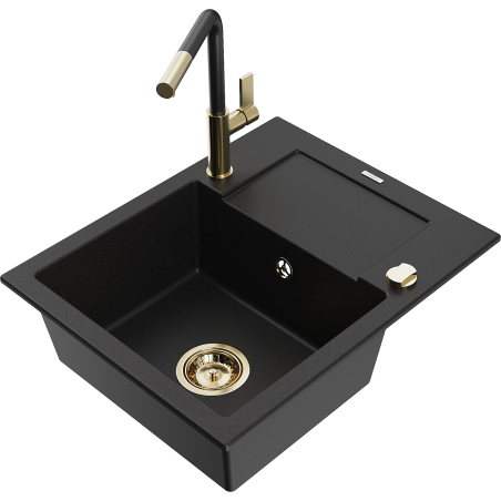 Mexen Enzo 1-bowl granite sink with drainer and Flora kitchen faucet, black - 6506-77-670401-57-G