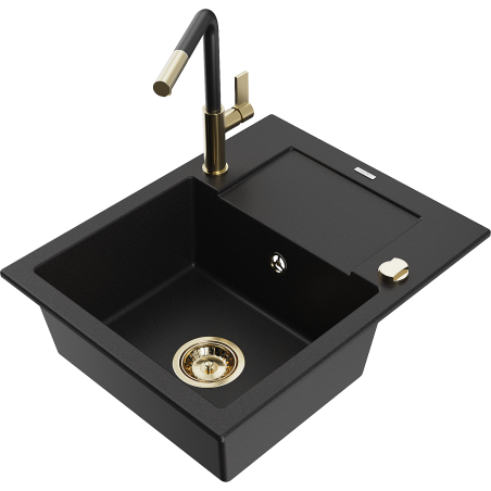 Mexen Enzo granite sink 1-bowl with drainer and Flora kitchen tap, black - 6506-77-670401-57-G