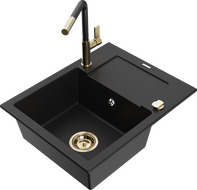Mexen Enzo 1-bowl granite sink with drainer and Flora kitchen faucet, black - 6506-77-670401-57-G