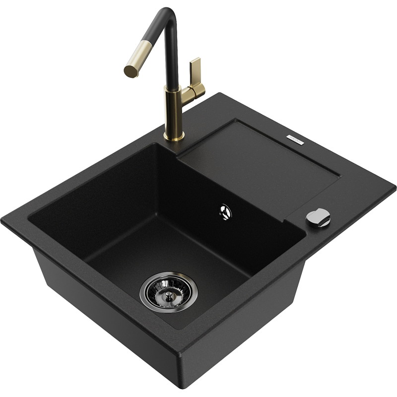 Mexen Enzo 1-bowl granite sink with drainer and Flora kitchen faucet, black - 6506-77-670401-57-B