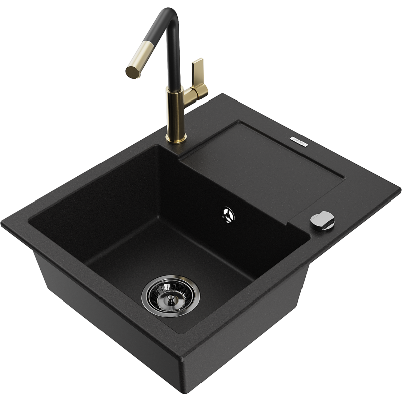 Mexen Enzo granite kitchen sink 1-bowl with drainer and Flora kitchen tap, black - 6506-77-670401-57-B