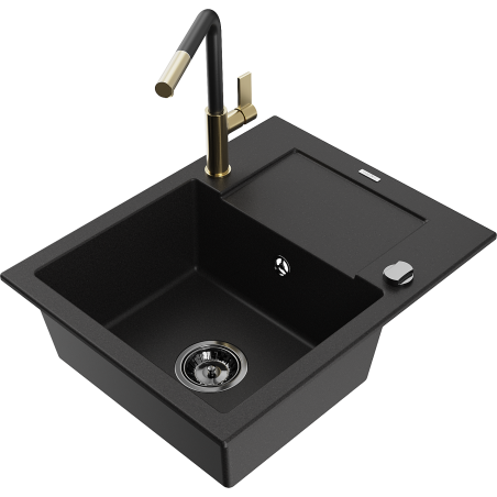 Mexen Enzo 1-bowl granite sink with drainer and Flora kitchen faucet, black - 6506-77-670401-57-B