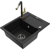 Mexen Enzo 1-bowl granite sink with drainer and Flora kitchen faucet, black - 6506-77-670401-57-B