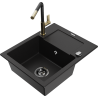 Mexen Enzo 1-compartment granite sink with a drip tray and kitchen mixer tap Flora, Black - 6506-77-670401-57-B