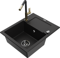 Mexen Enzo 1-bowl granite sink with drainer and Flora kitchen faucet, black - 6506-77-670401-57-B