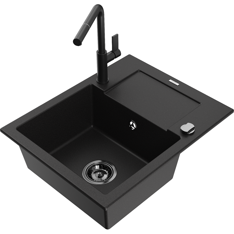 Mexen Enzo 1-compartment granite sink with a drip tray and kitchen mixer tap Flora, Black - 6506-77-670401-70-B