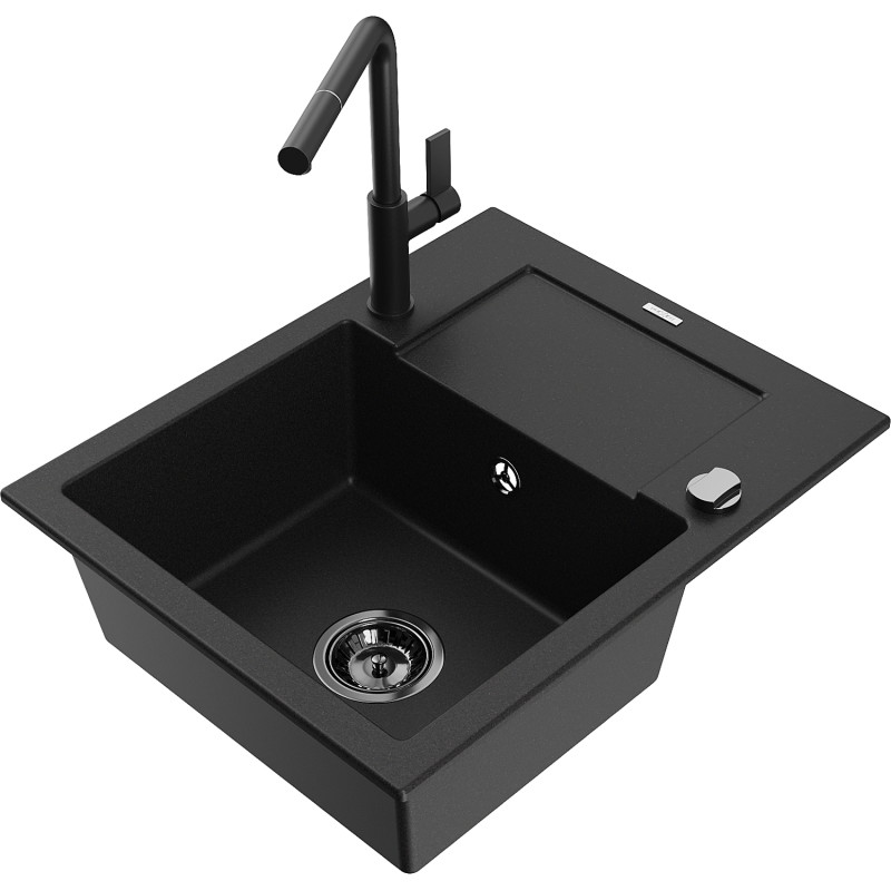 Mexen Enzo granite kitchen sink 1-bowl with drainer and Flora kitchen faucet, black - 6506-77-670401-70-B