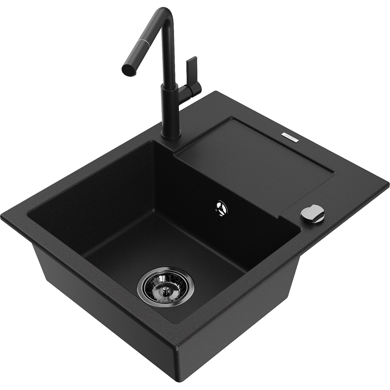 Mexen Enzo granite kitchen sink 1-bowl with drainer and Flora kitchen tap, black - 6506-77-670401-70-B